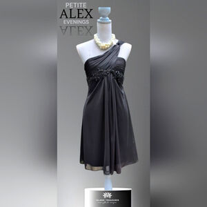 Alex Evening Black One Shoulder Formal Dress Sz 8 Petite Embellished Ball Party